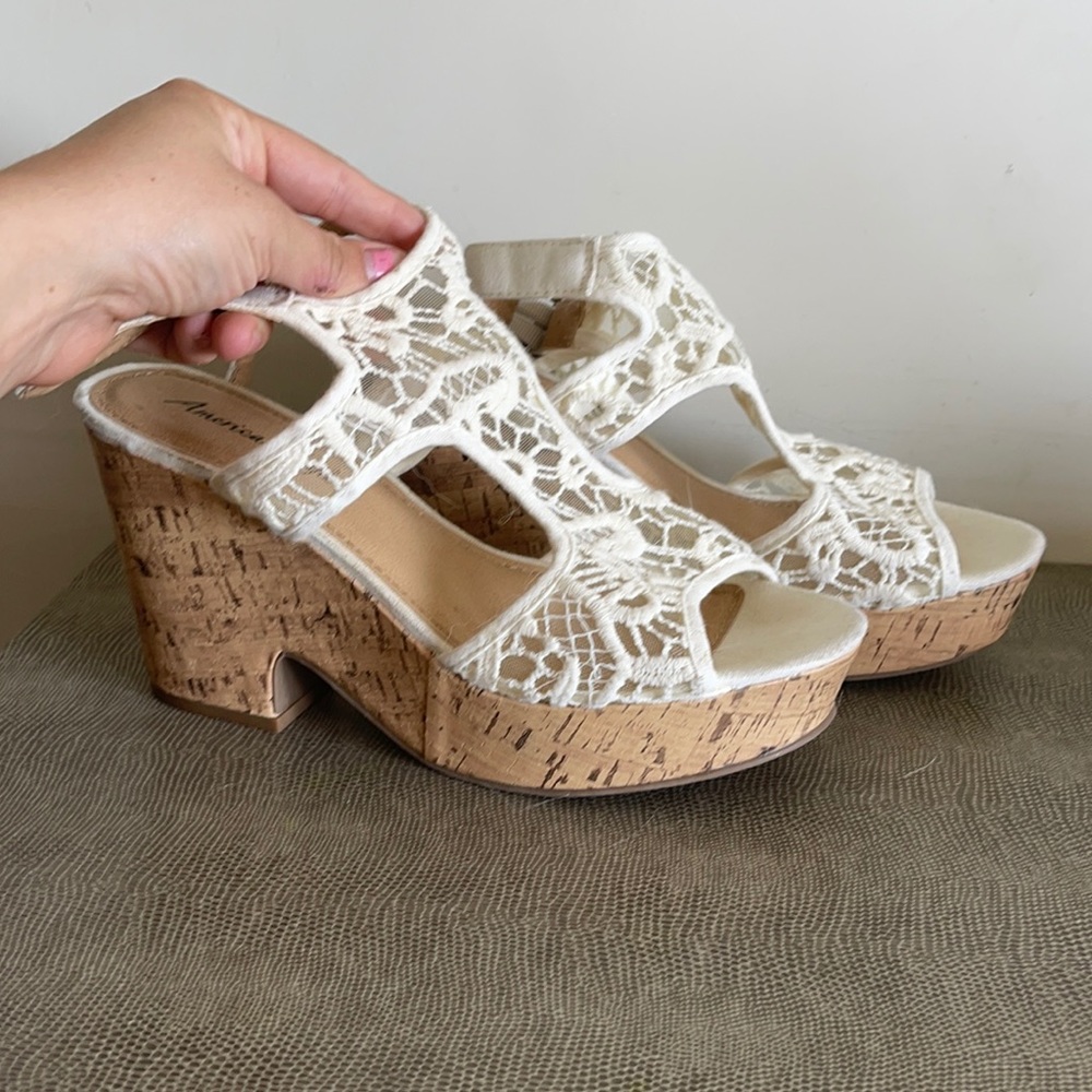 MOVING SALE -American Eagle Cork Wedges White Lace